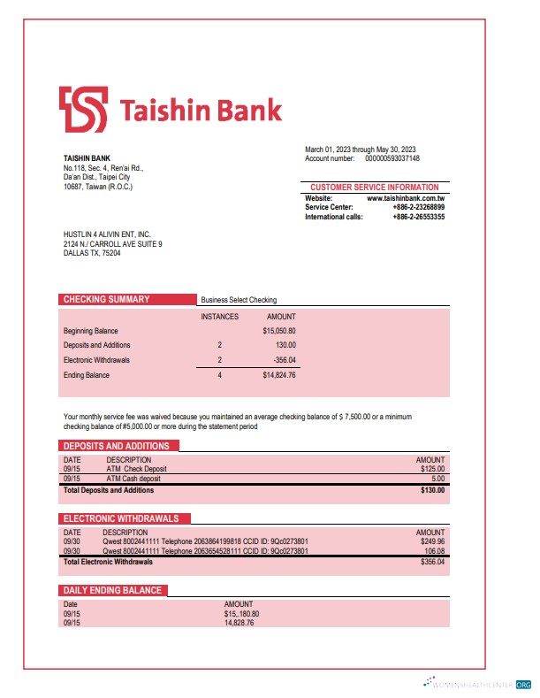 Download Taishin Bank enterprise statement Word and PDF template Photoshop template